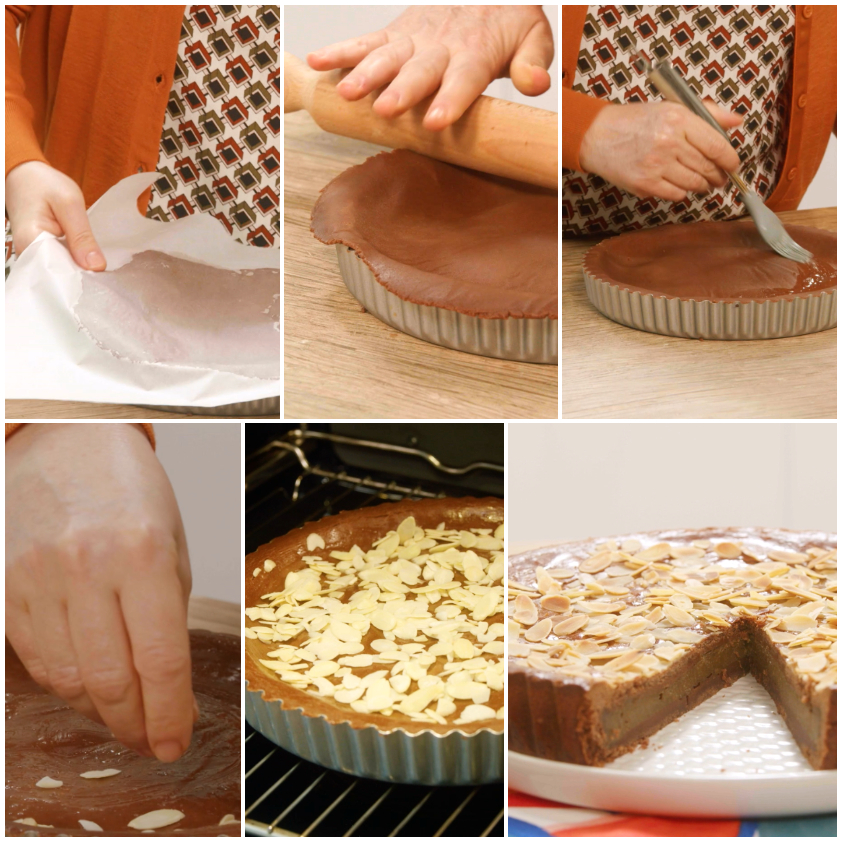 Collage dei passaggi finali della torta del nonno: stesura della frolla, foratura, mandorle a lamelle e cottura in forno