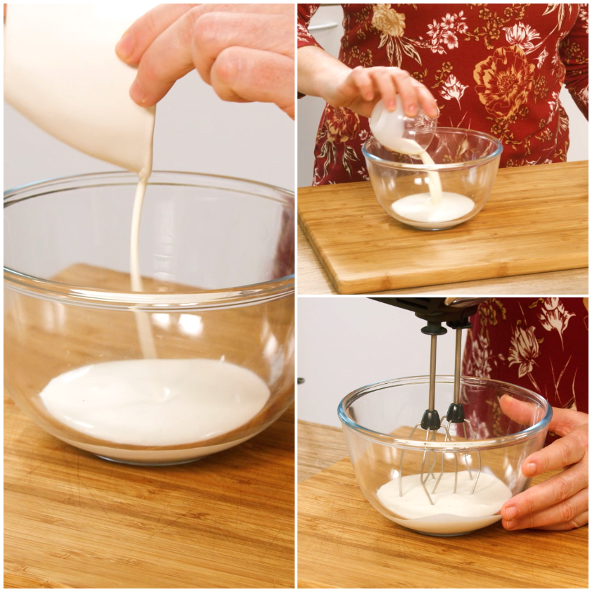 Panna e latte versati in una ciotola, poi montati con le fruste elettriche