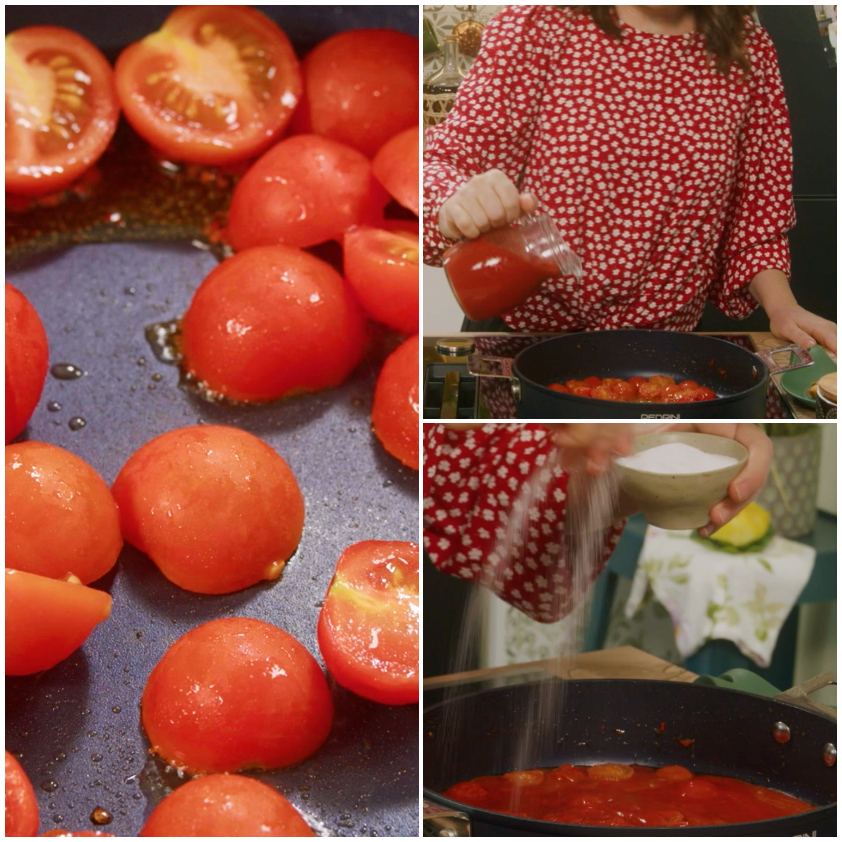 Pomodorini in padella con passata versata e sale aggiunto per il sugo della parmigiana