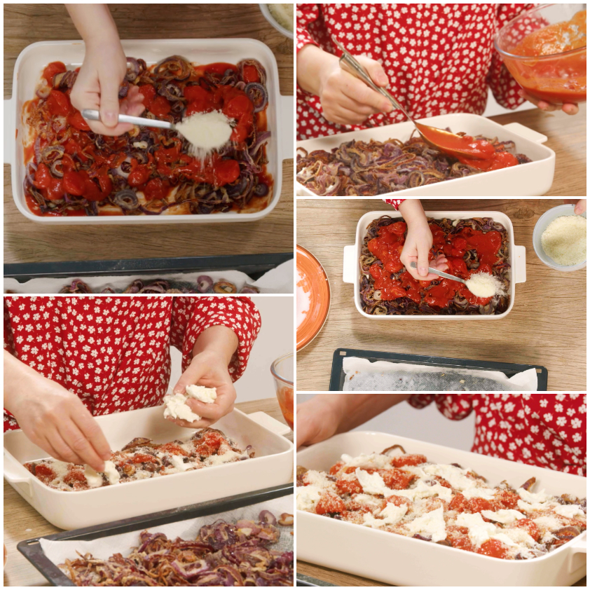 Strati di pomodoro, cipolla rossa, mozzarella e parmigiano assemblati nella teglia