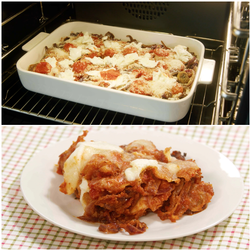 Parmigiana di cipolle pronta in forno con pomodoro, mozzarella e pangrattato, poi servita a fette nel piatto