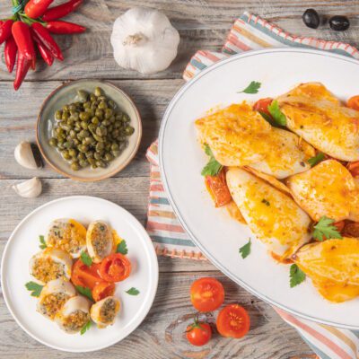 Calamari ripieni alla lucana con pomodorini, salsa arancione e prezzemolo fresco