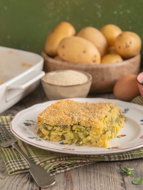 Polpettone alla ligure con fagiolini e patate, gratinato con pangrattato dorato