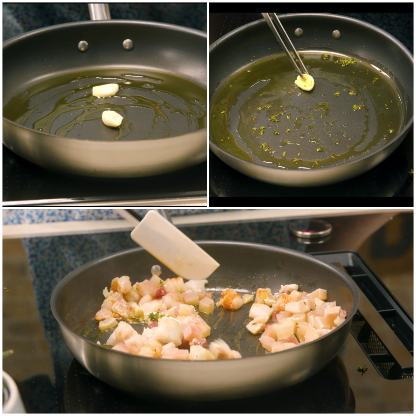 Pesce e timo sfogliato che rosolano in padella con olio aromatizzato all'aglio