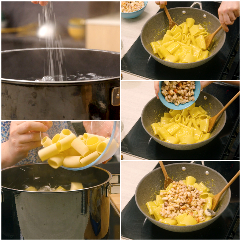 Paccheri al dente mantecati con uova, formaggio e pesce nella padella a fuoco spento