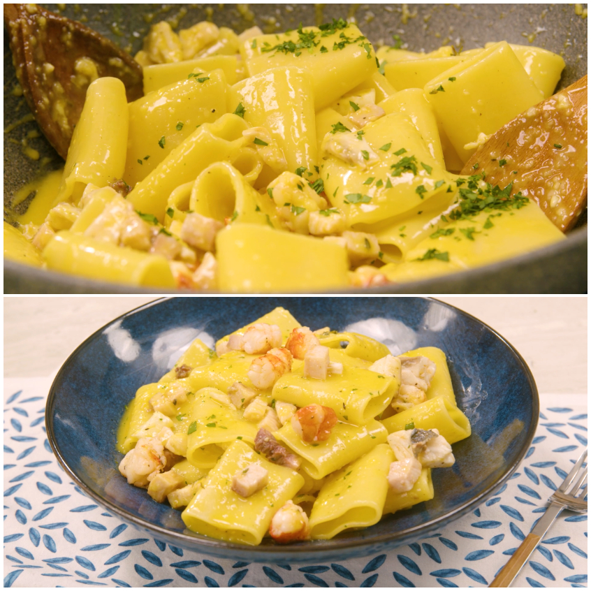Carbonara di mare impiattata con spolverata di prezzemolo tritato fresco