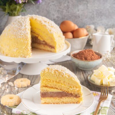 Torta Sacripantina a fette con strati di pan di Spagna, crema al cioccolato e cocco grattugiato