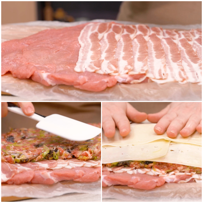 Fettina di vitello aperta a libro farcita con pancetta, composto di salsiccia e prugne e fette di Asiago