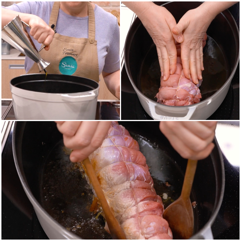 Olio versato in pentola, arrosto ripieno legato adagiato e rosolato con cucchiaio di legno