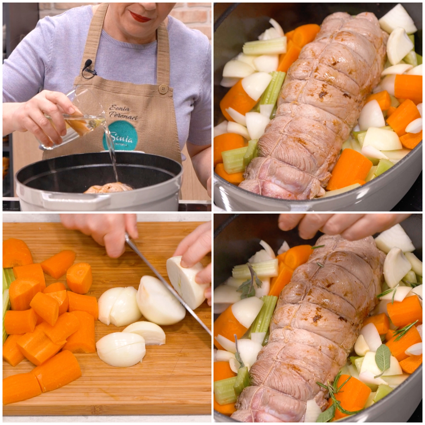 Arrosto legato circondato da carote, sedano, cipolla e erbe aromatiche prima della cottura