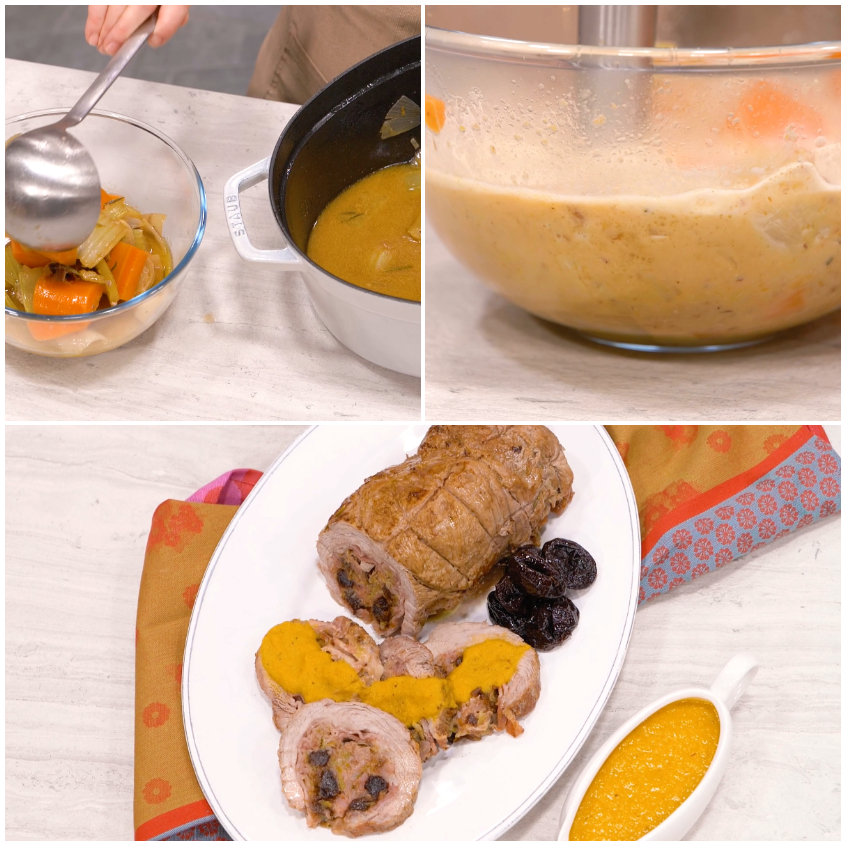 Salsa di verdure frullata versata sull'arrosto ripieno affettato, con prugne secche e salsiera a lato