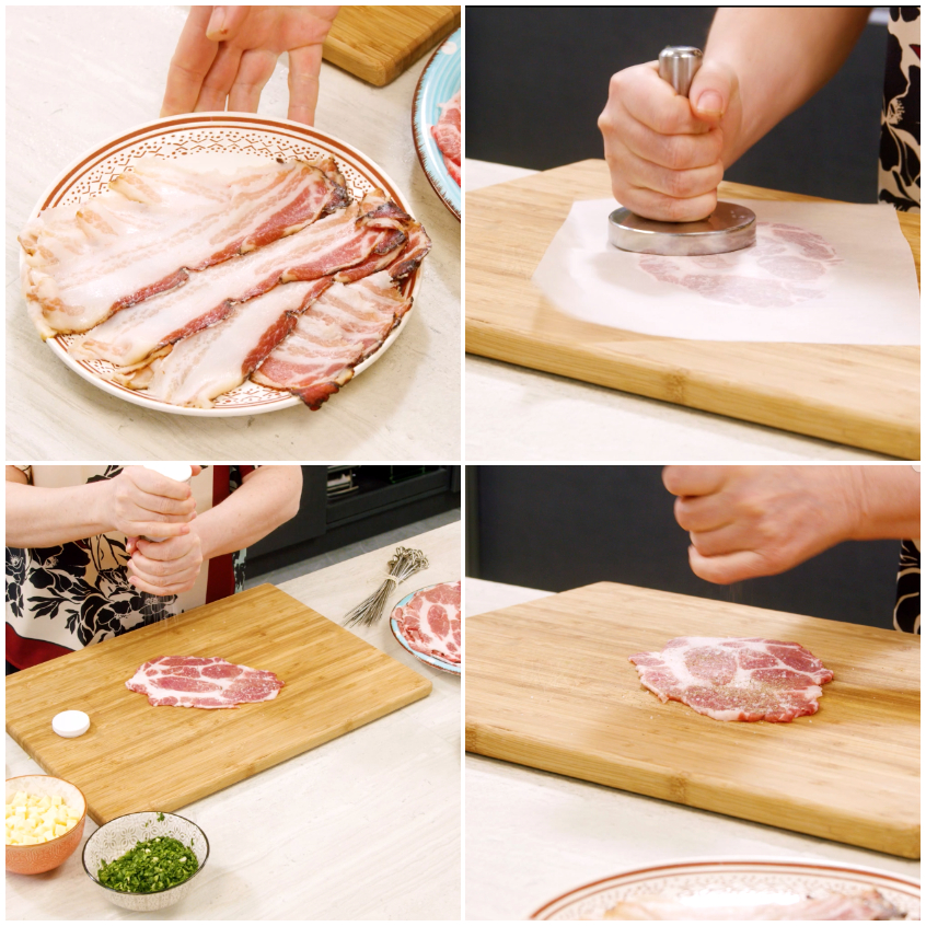 Fette di capocollo battute con un pestacarne sul tagliere per assottigliarle