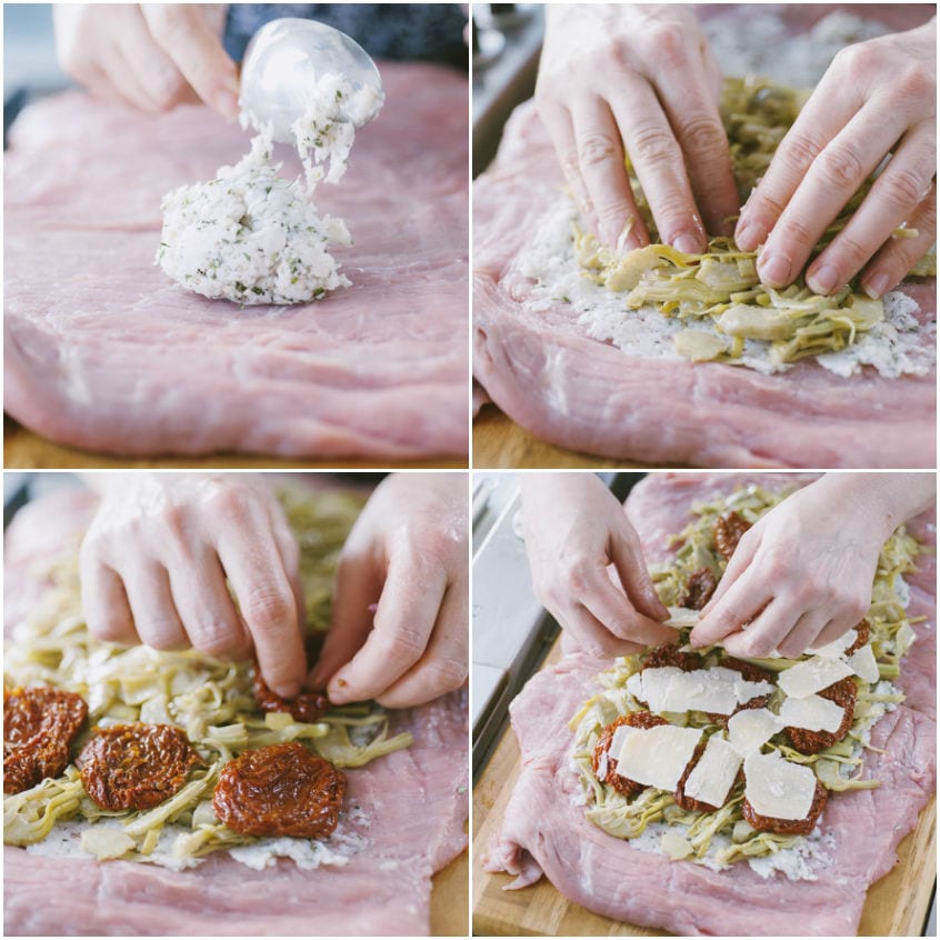 Fesa di vitello aperta farcita con crema, carciofi, pomodori secchi e scaglie di formaggio