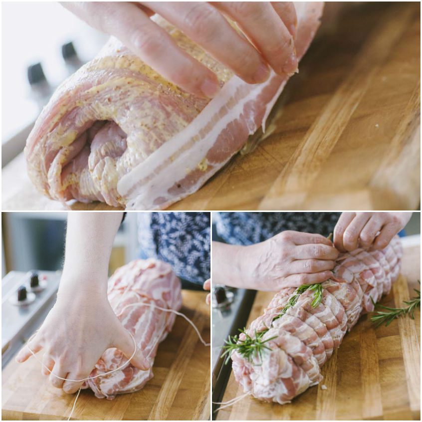Fasi di preparazione dell'arrotolato avvolto in pancetta e legato con spago e rametti di rosmarino