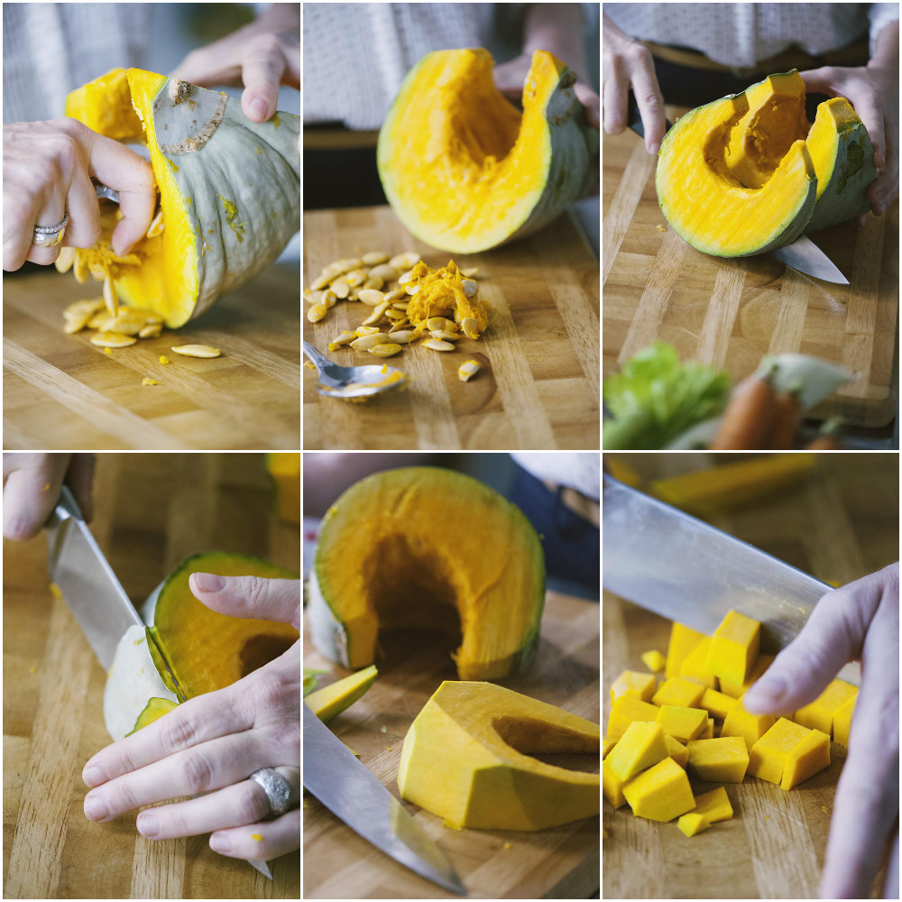 Cubetti di zucca Mantovana pulita e privata della scorza, pronti per il risotto