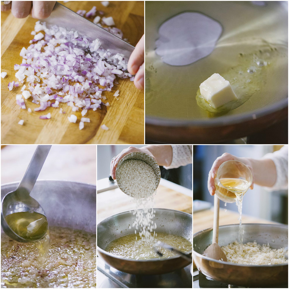 Cipolla tritata che appassisce dolcemente in padella con olio e brodo vegetale