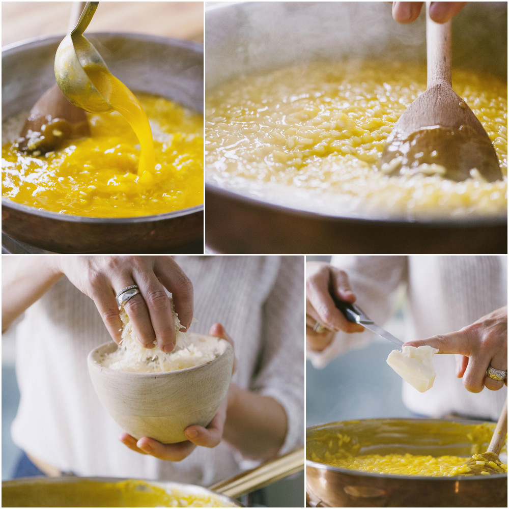 Risotto alla zucca mantecato con parmigiano e burro, cremoso e pronto per essere impiattato