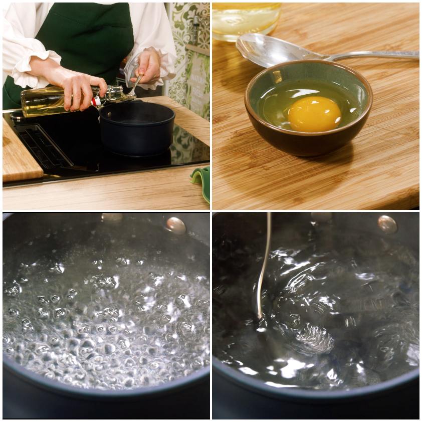 Uovo rotto in una ciotolina e acqua che sobbolle in pentola, pronti per le uova in camicia