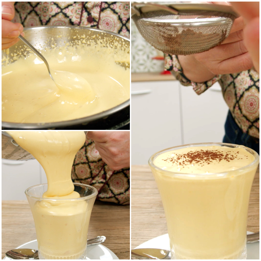 Zabaione cremoso versato in un bicchiere e spolverato di cacao con un setaccio