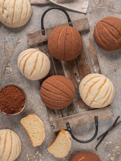 Conchas vaniglia e cacao con la loro superficie striata, alcune tagliate a meta per mostrare la mollica