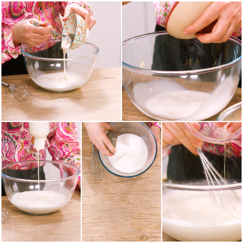 Composto di yogurt e cocco versato e mescolato con una frusta in una ciotola di vetro