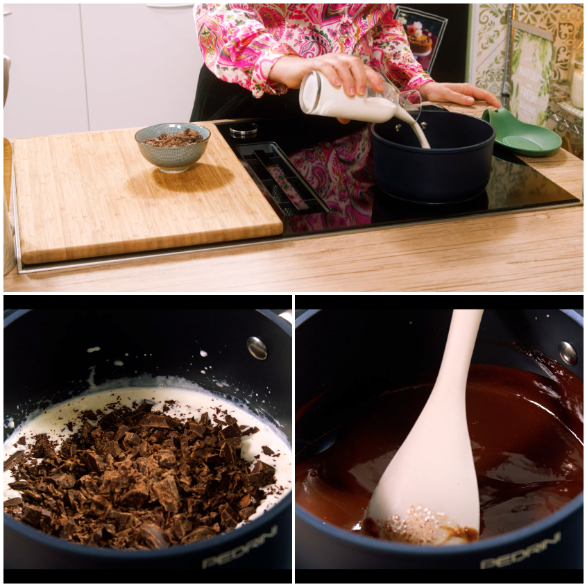 Cioccolato tritato che si sciolge nella panna calda mescolato con un cucchiaio di legno