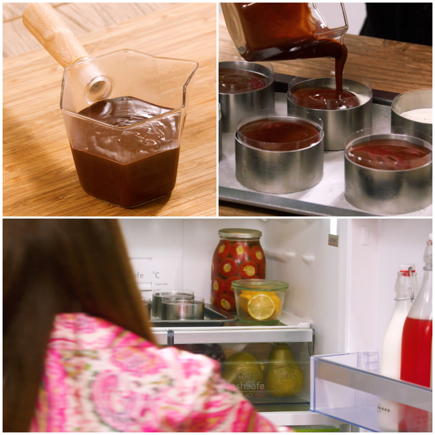 Ganache al cioccolato versata negli stampini prima di rimetterli in frigorifero