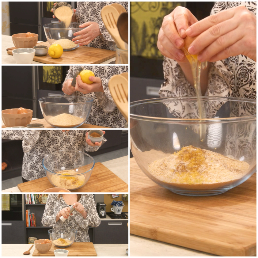 Mani che versano succo di limone sul pangrattato in una ciotola per l'impasto dei passatelli