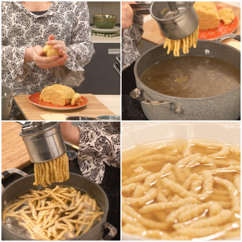 Passatelli spremuti con la pressa direttamente nel brodo caldo fino a cottura