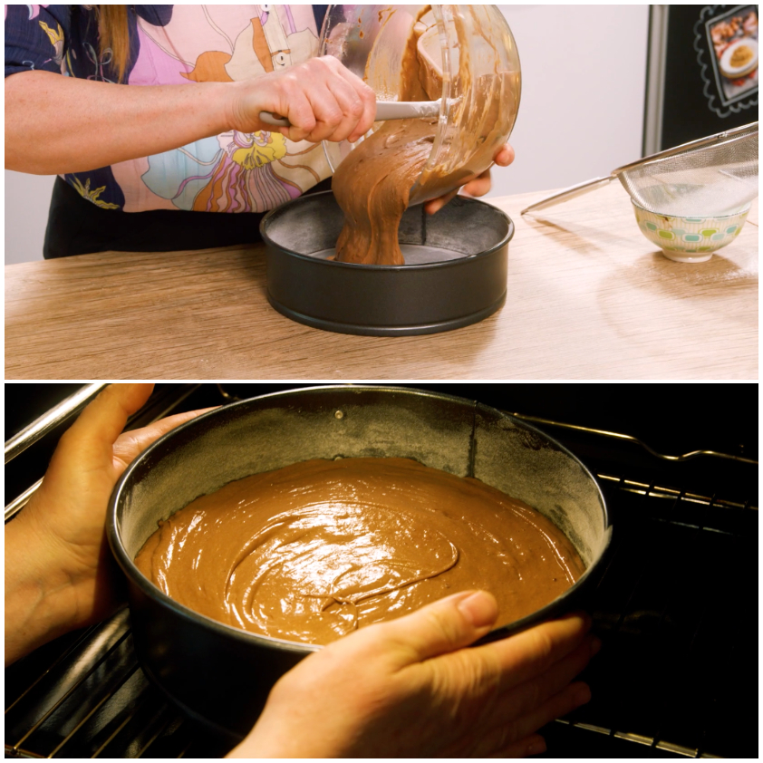 Impasto al cioccolato versato nello stampo e infornato per la cottura della Sacher