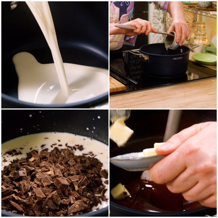 Preparazione della ganache: panna versata, cioccolato tritato aggiunto e burro incorporato a pezzi