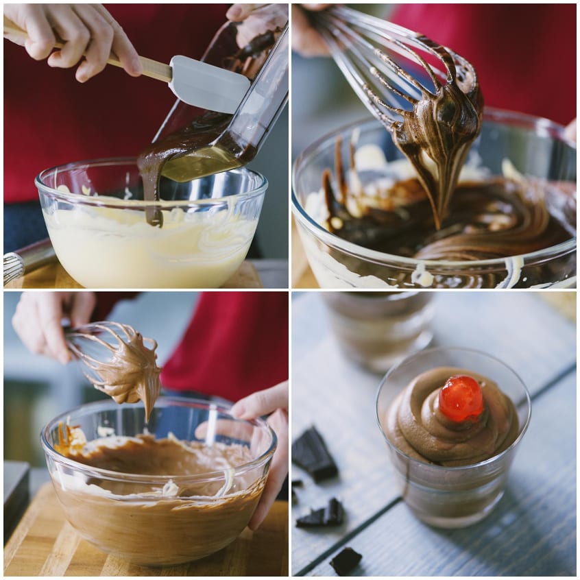 Cioccolato fuso incorporato con la frusta nella crema al mascarpone fino a renderla omogenea