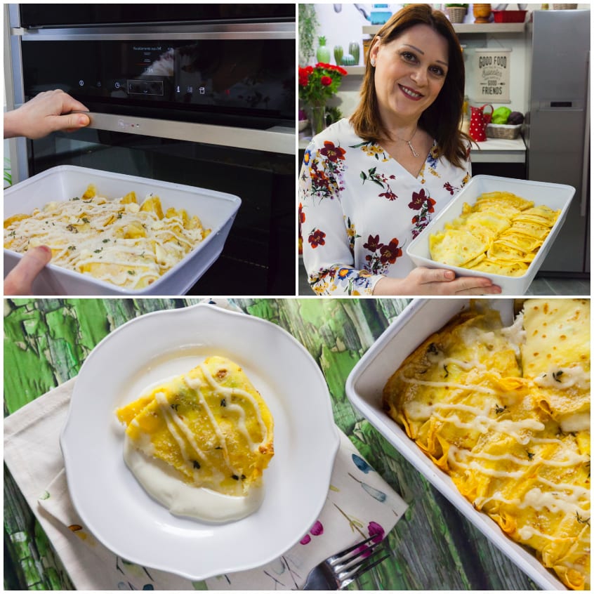 Crespelle con prosciutto e besciamella gratinate con crosticina dorata e croccante in superficie