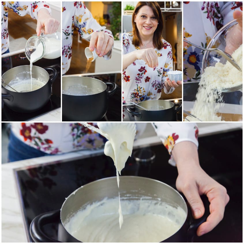 Besciamella che si addensa in padella, aromatizzata con noce moscata grattugiata