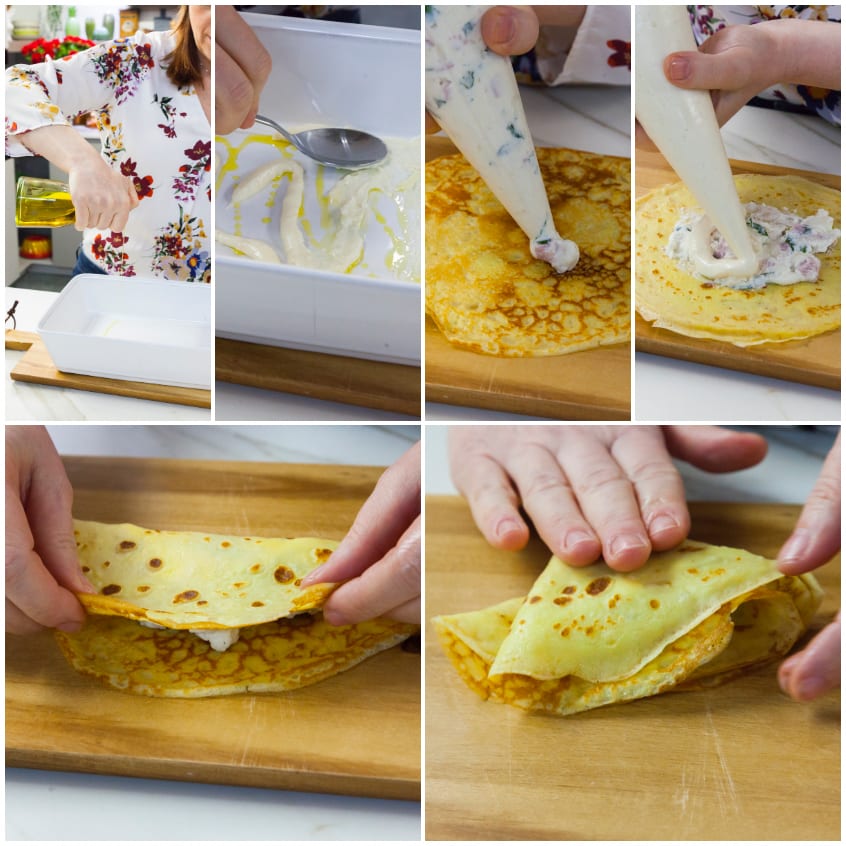 Crespella farcita con ricotta, una fetta di prosciutto e cubetti di mozzarella