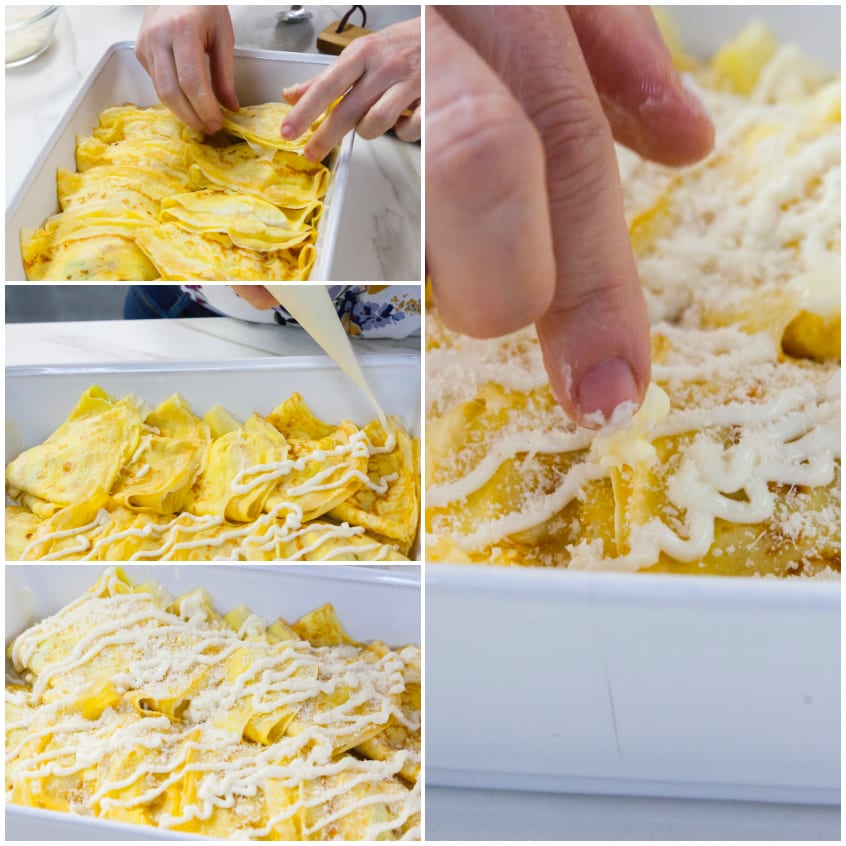 Crespelle piegate a portafoglio disposte in pirofila con besciamella e formaggio grattugiato