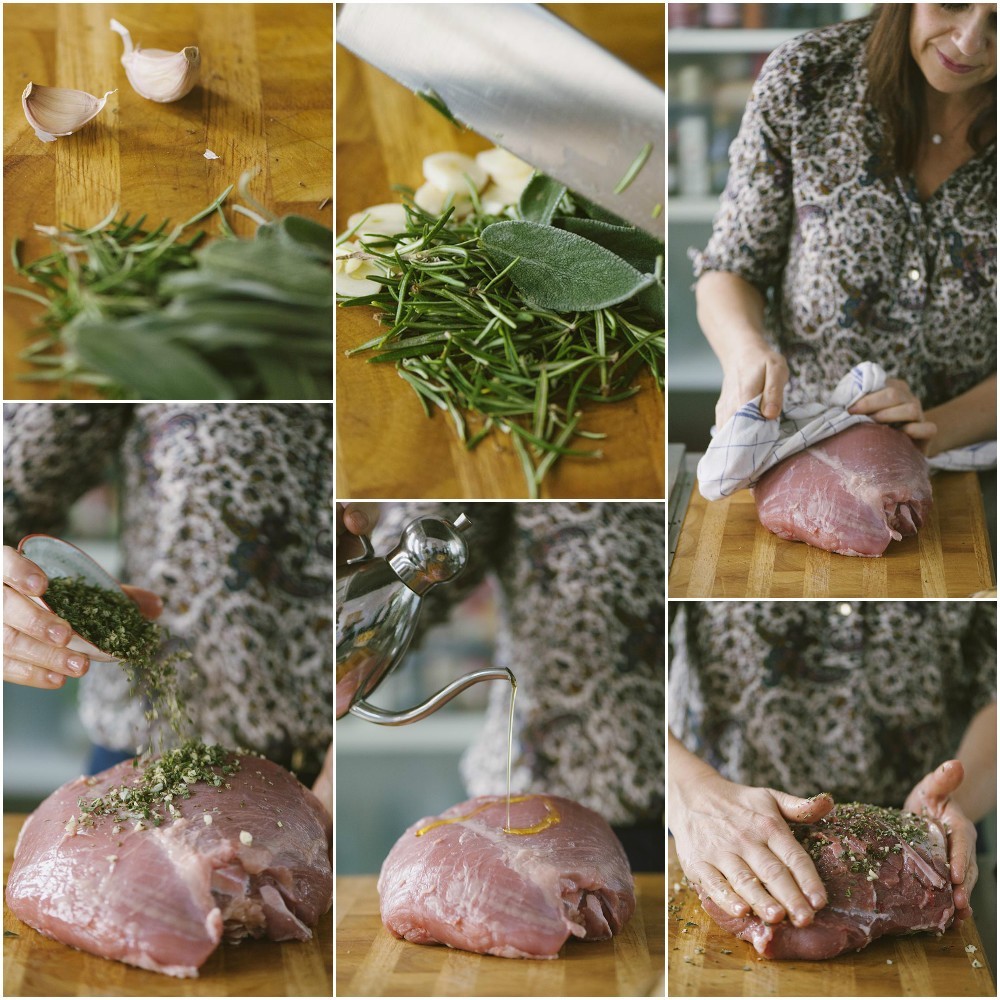 Preparazione dell'arrosto di vitello: trito di rosmarino e salvia, olio versato sulla carne e massaggio delle erbe aromatiche