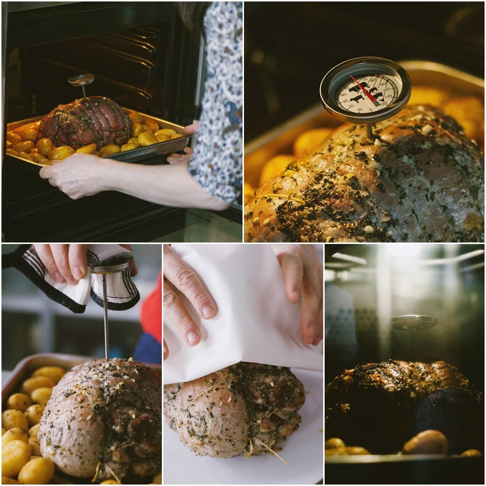 Arrosto di vitello con erbe aromatiche estratto dal forno e tamponato con carta da cucina