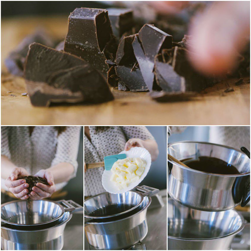 Cioccolato fondente spezzettato, poi aggiunta di burro e scioglimento a bagnomaria per i brownies