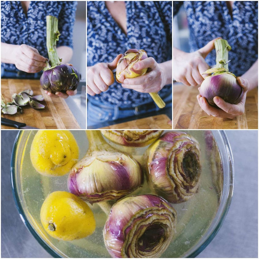 Pulizia dei carciofi romani: sfogliatura a mano e immersione in acqua acidulata con limoni