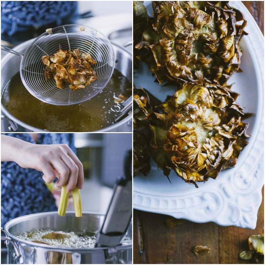 Carciofi alla giudia sollevati dall'olio bollente con il ragno, con le foglie aperte a fiore e ben dorate