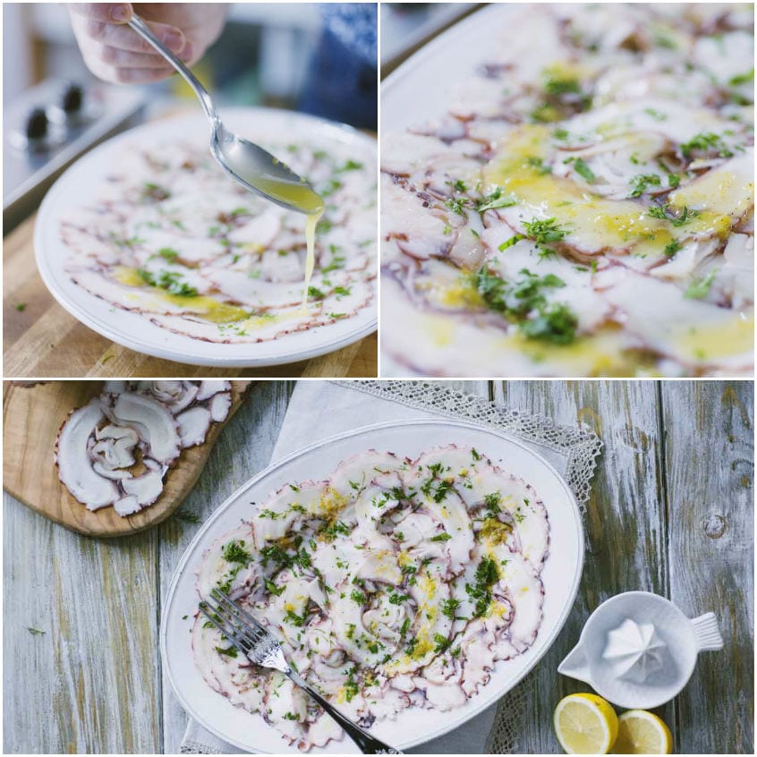 Carpaccio di polpo condito con citronette pronto da servire