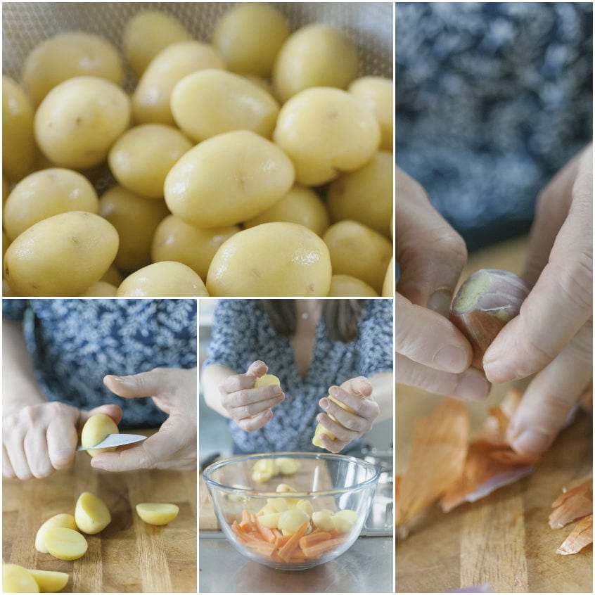 Patate novelle tagliate a metà, carote e scalogni mondati raccolti in una ciotola