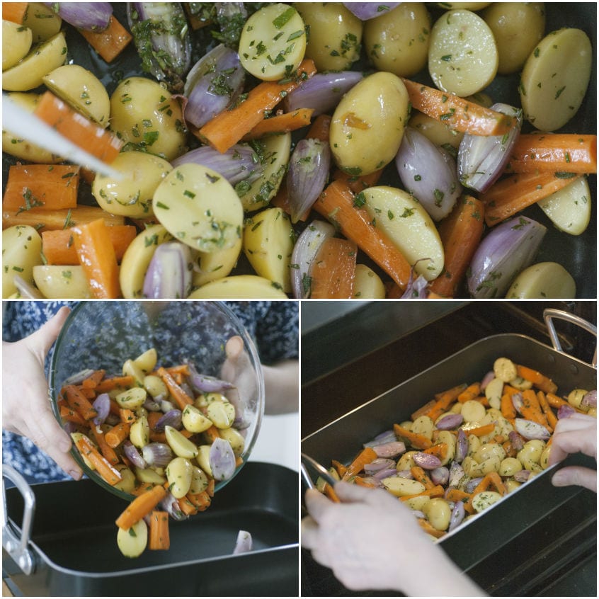 Patate, carote e cipolle rosse condite con erbe aromatiche versate nella teglia da forno