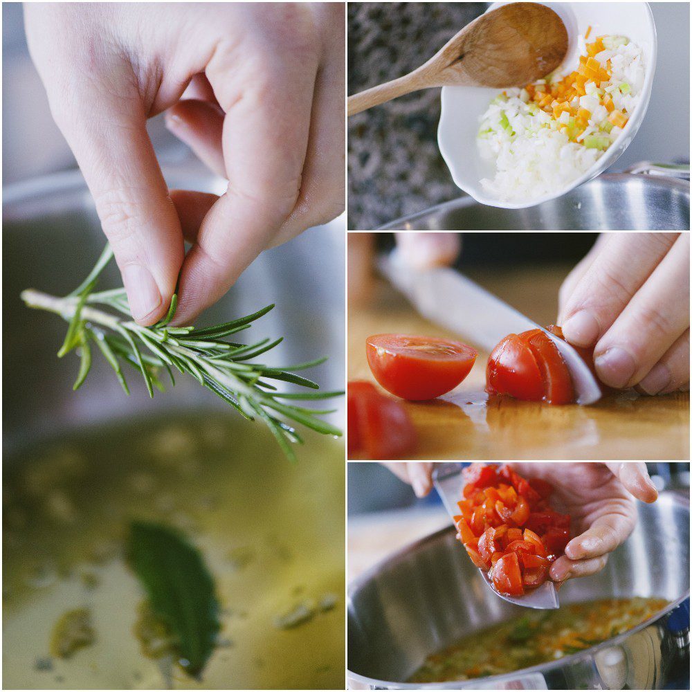 Rametto di rosmarino aggiunto al soffritto, con verdure tritate e pomodorini a cubetti pronti