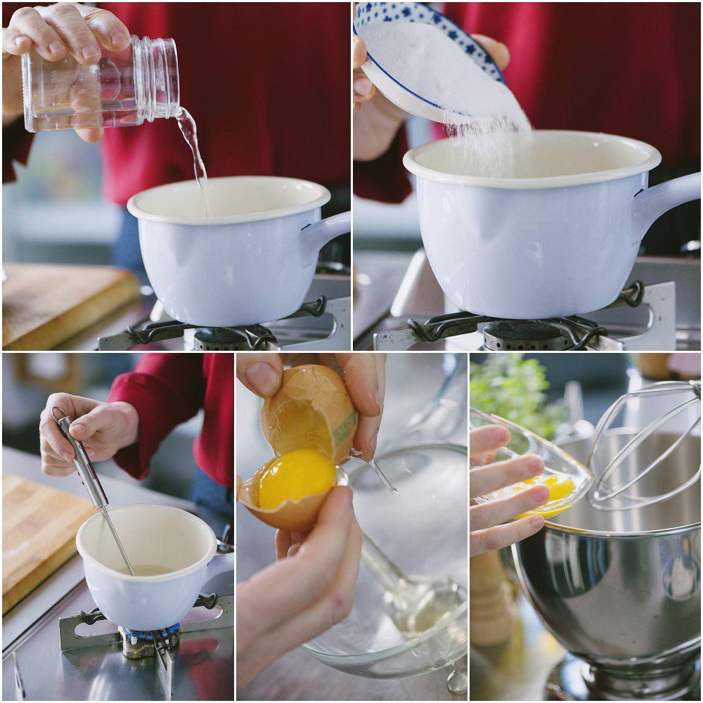 Preparazione dello sciroppo e separazione dei tuorli per la crema al mascarpone
