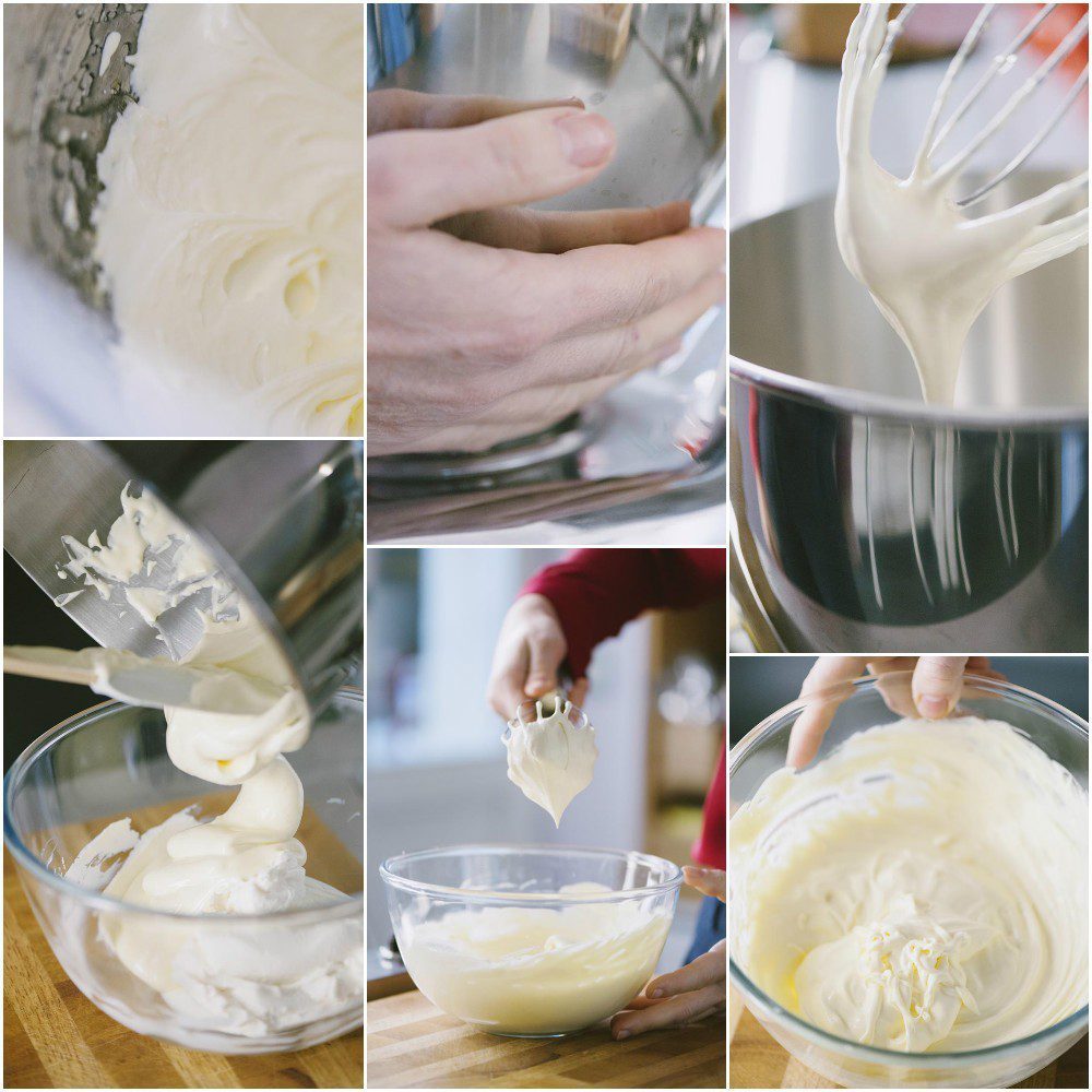 Mascarpone ammorbidito con spatola e incorporato alla crema di uova fino a ottenere un composto liscio