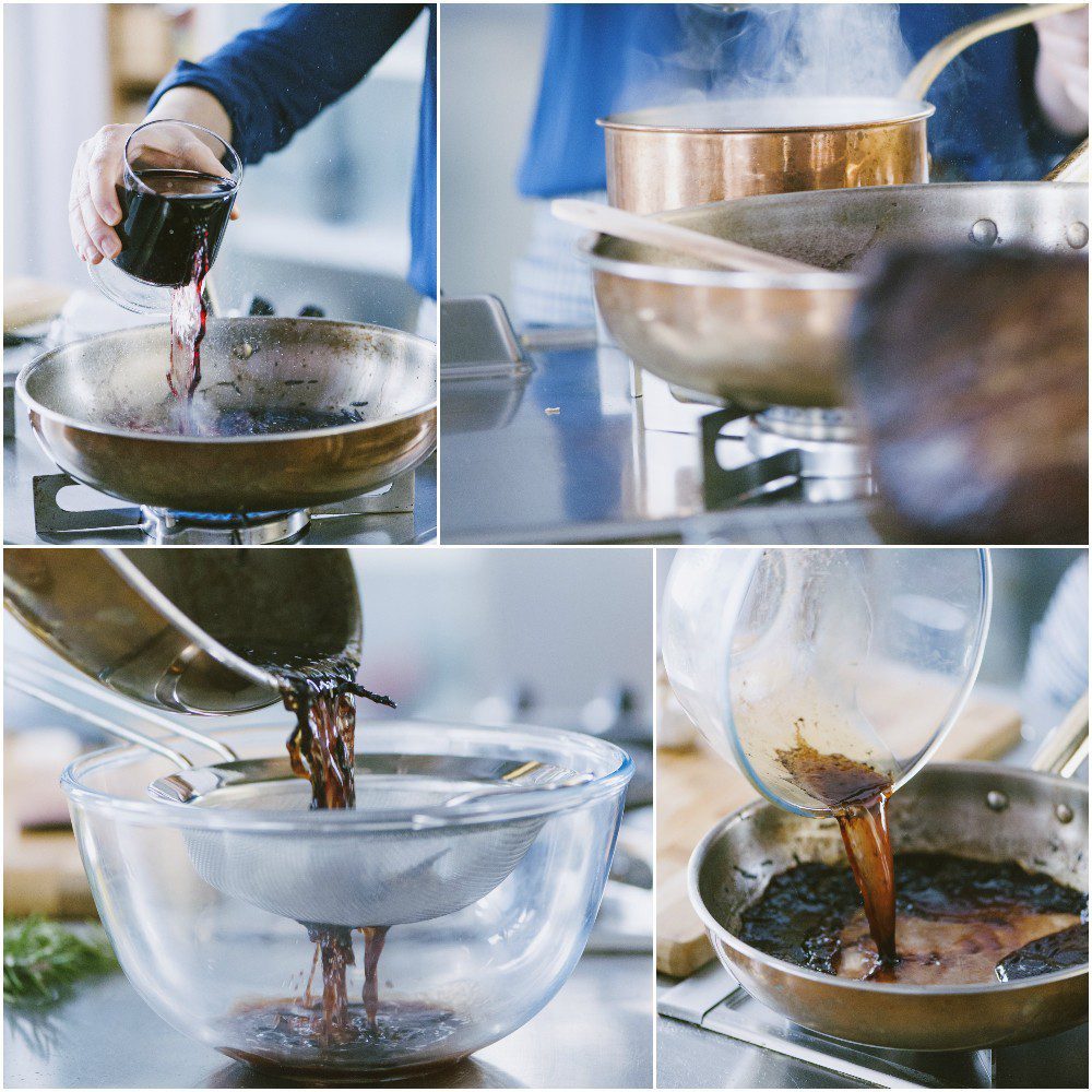 Salsa al vino rosso filtrata attraverso un colino e versata sulla carne in padella