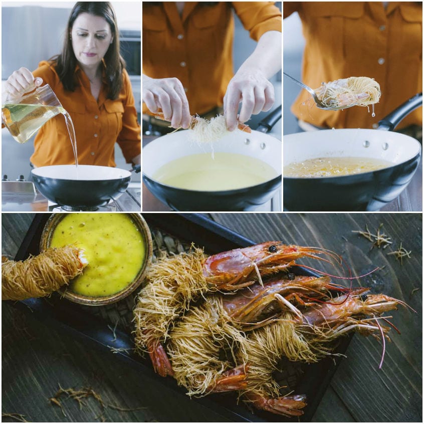 Gamberoni avvolti in pasta kataifi dorata fritti in padella, pronti per essere serviti con salsa al mango