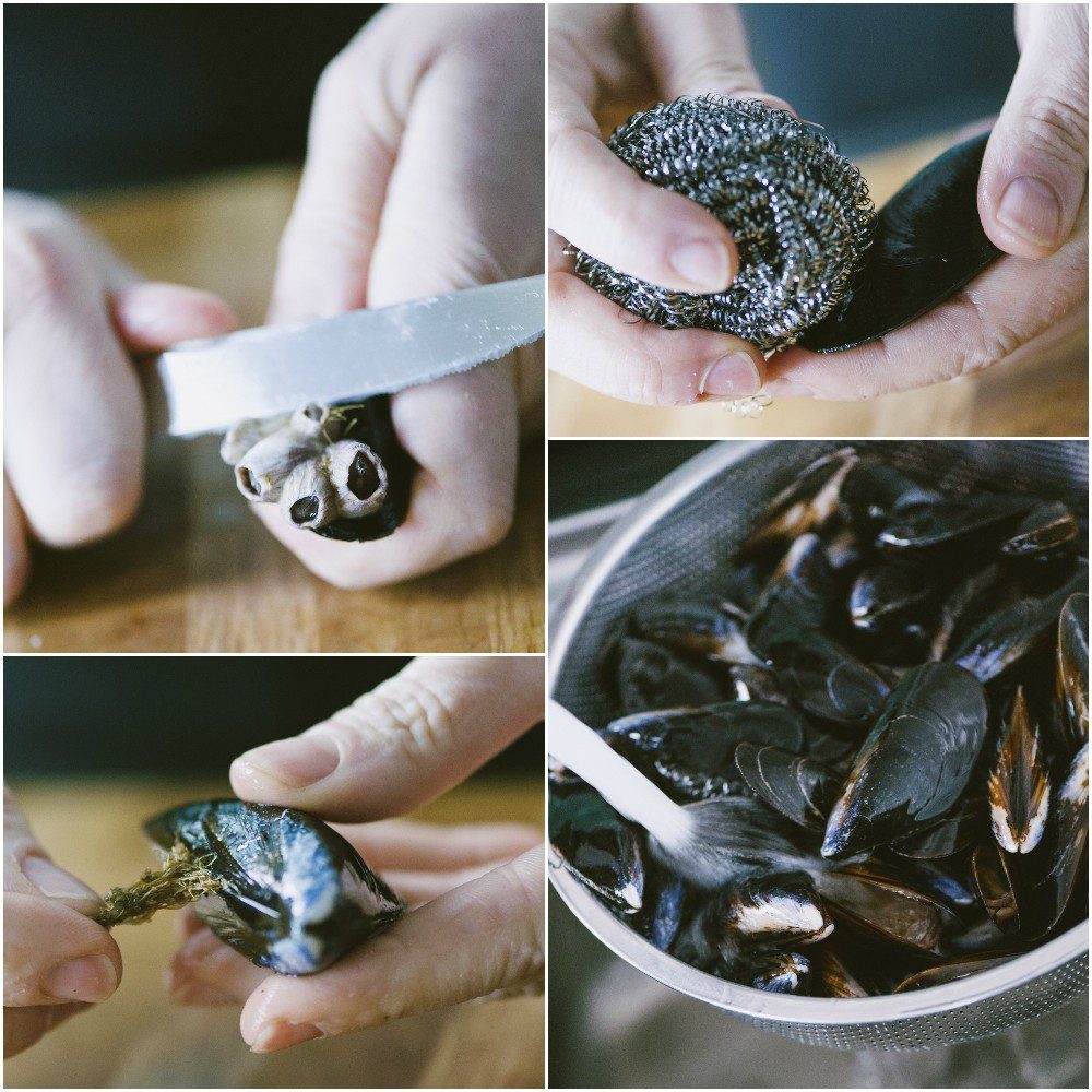 Pulitura delle cozze: raschiatura con coltello, strofinatura con paglietta e rimozione del bisso